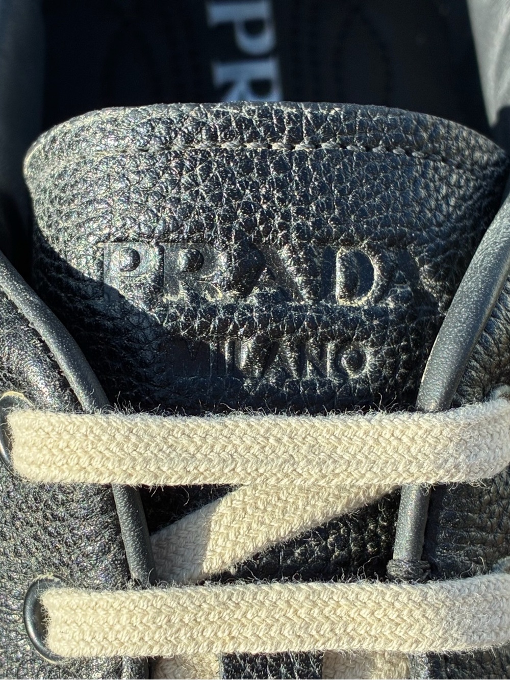 PRADA AGED-EFFECT BLACK PEBBLED LEATHER LOW-TOP SNEAKERS LOGO SZ US 11 UK 10 NEW - Picture 10 of 16